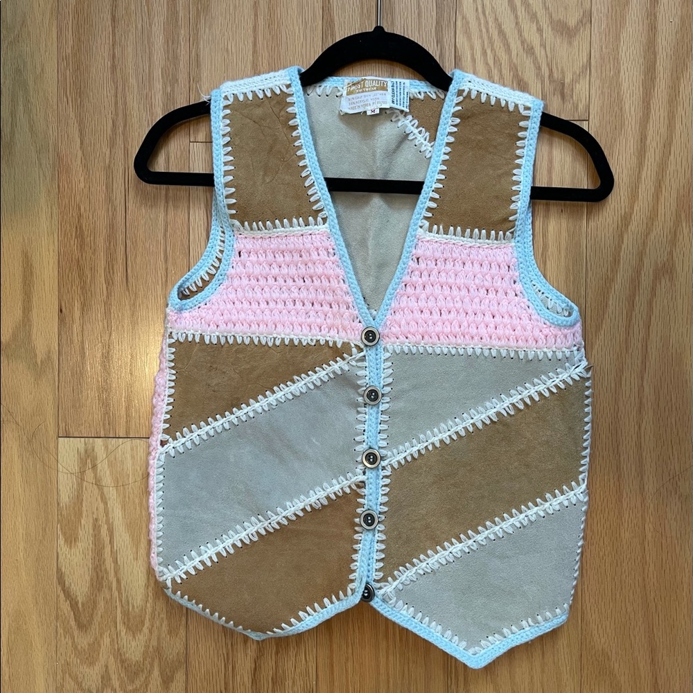 Vintage Hand-Made Calf Skin Leather Crochet Vest